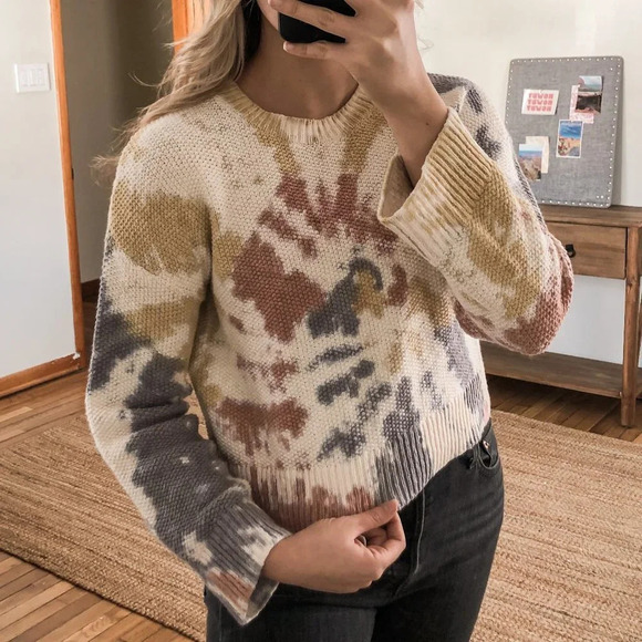 Madewell Cotton Waffle Knit Tie Dye Crew Neck Bell Sleeve Oversized Sweater XS - Picture 1 of 6